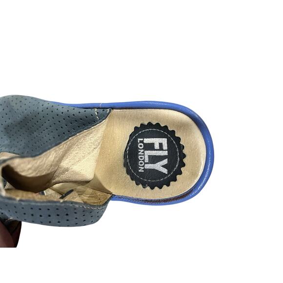 FLY London Yala Perforated Wedge Sandal Blue Suede Size 40 EU/9 US - Picture 5 of 7